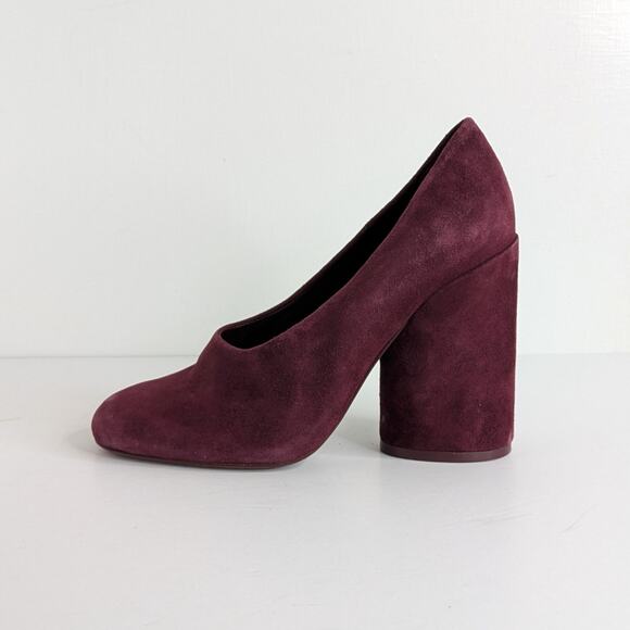 Tory Burch Lucia Heels Womens 8 Burgundy Suede Chunky Round Toe Slip On - Picture 1 of 14